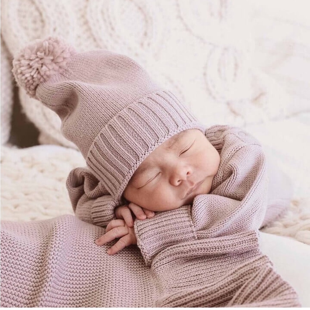 Caden Lane Soft Pink Knit Newborn Beanie with Pom-Pom